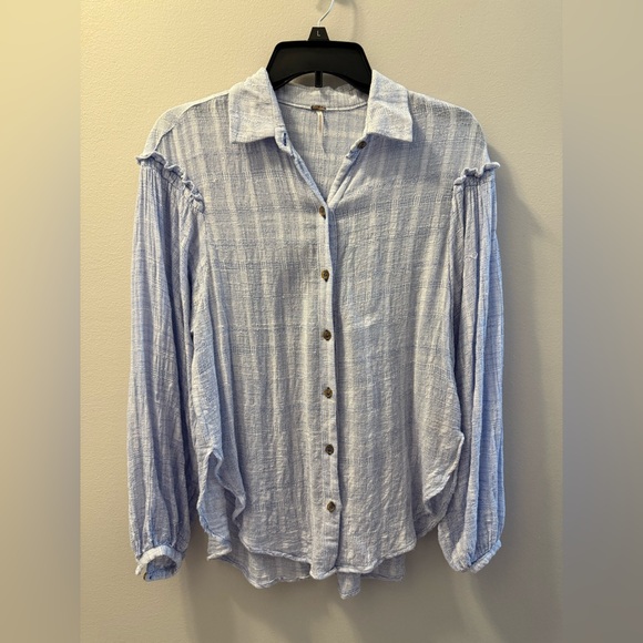 Free People Button Ruffle Blouse Blue Headed to the Highland Lightweight WomenXS - Picture 1 of 10